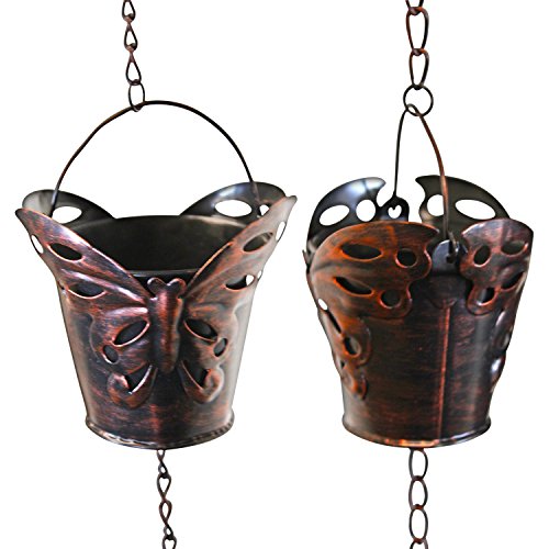 Rain Chain - 65 Inch Length Hanging Rain Catcher with Six Copper Patina ButterflyÂ Cups Soothing Waterfall Sound Alternative to Unsightly Gutter Downspouts Easy Installation
